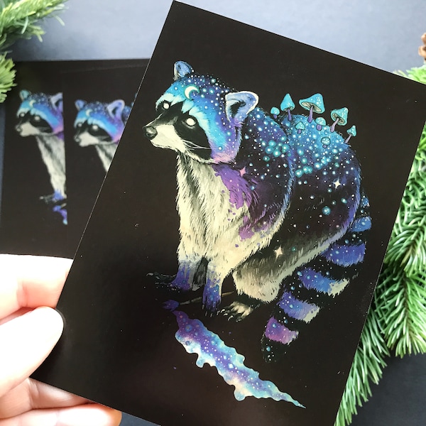 Metallic shimmering postcard -Galaxy racoon- Designed by Pixie Cold