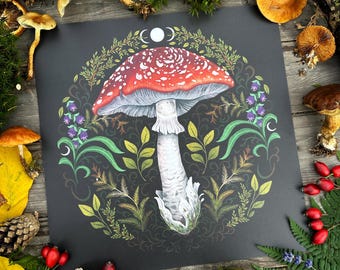 Amanita mushroom- hand signed Art Print on textured high quality paper -Witch Art