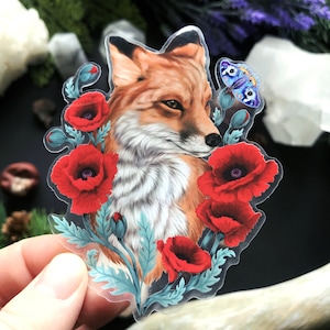 Beau sticker vinyle transparent - renard roux et coquelicots - sticker waterproof