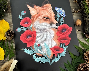 Fox and poppies- hand signed Din A3 Art Print on textured high quality paper -Witch Art