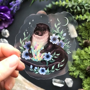 Mooie transparante vinylsticker - otter en kristal - waterdichte sticker