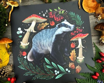 Badger and mushrooms- hand signed Art Print on textured high quality paper -Witch Art