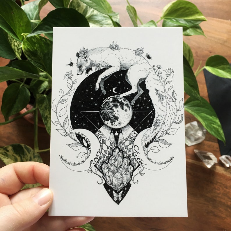 Moon Child fox postcard black envelope Set