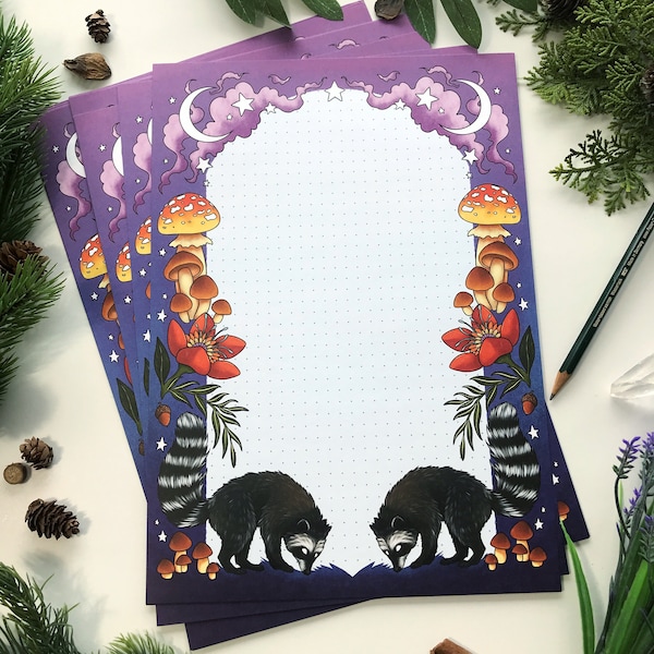 Magic stationery paper for the letter writing witch. You get 15 sheets in size Din A4- Raccoon design --> Pixie Cold Design