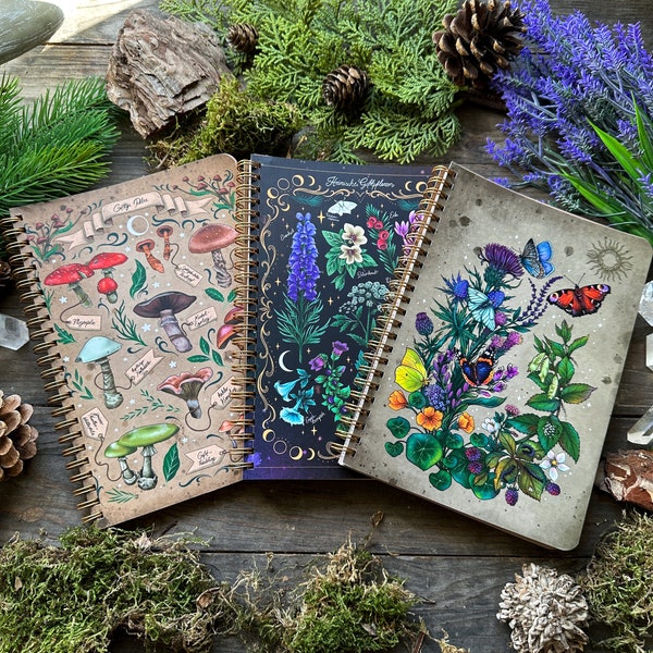 Set of 3 Nature illustration -Spiral Books- with 100 Sheets- perfect for your notes and spells <3