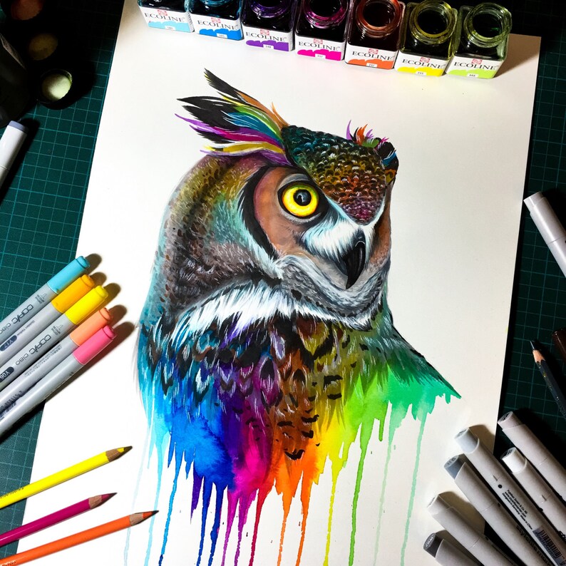 Rainbow owl signed Art Print | Etsy