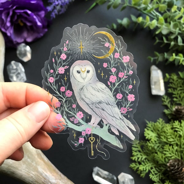 Beautiful transparent vinyl sticker- White owl - waterproof sticker