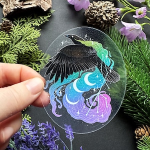 Beautiful transparent vinyl sticker- raven and moons - waterproof sticker