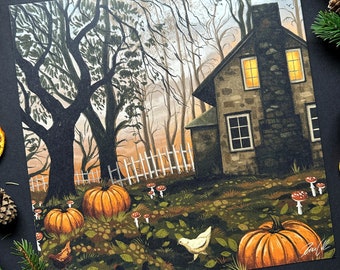 Signed print -Old cottage, hens and pumpkins- square print