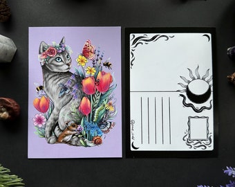 Cat and flowers postcard - Designed by Pixie Cold