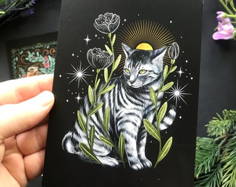 Cat and flowers postcard - Designed by Pixie Cold