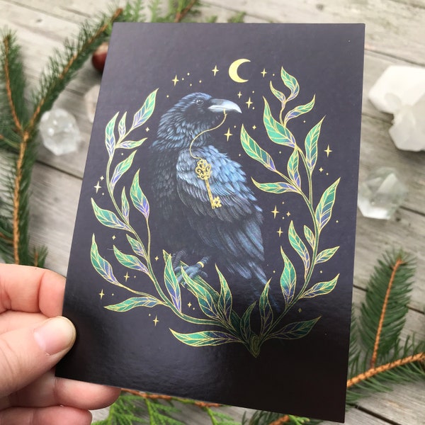 Metallic shimmering postcard -Black raven- Designed by Pixie Cold