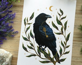 Corbeau - Impression d'art signée à la main sur du papier texturé de haute qualité - Art de sorcière