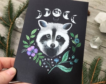 Metallic shimmering postcard -Racoon and moon phase- Designed by Pixie Cold