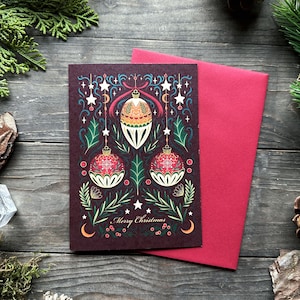 Zauberhafte Weihnachtskarte -Weihnachtskugel Illustration- Weihnachtskarte mit roten Briefumschlag- gemalt von Pixie Cold
