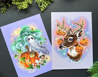 Postkarten-Bundle mit zwei verschiedenen -Halloween- Postkarten- illustriert von pixie cold