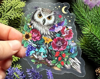 Beautiful transparent vinyl sticker- colorful forest owl - waterproof sticker