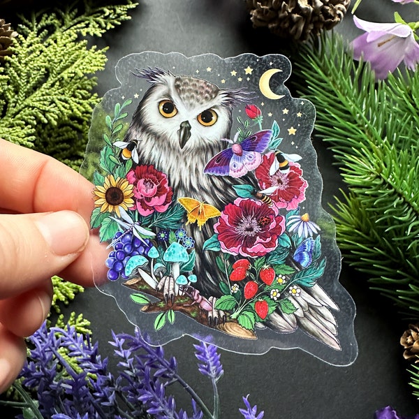 Beautiful transparent vinyl sticker- colorful forest owl - waterproof sticker