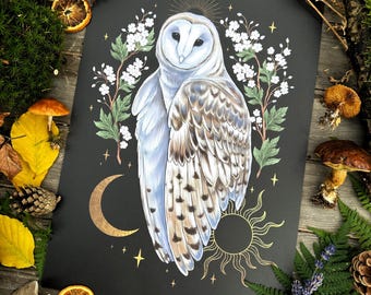 Barn owl and moon and sun ornaments- hand signed Din A3 Art Print on textured high quality paper -Witch Art