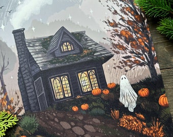 Signed print -Old cottage on a pumpkin field- size A3