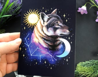 Wolf star sign postcard - Designed by Pixie Cold