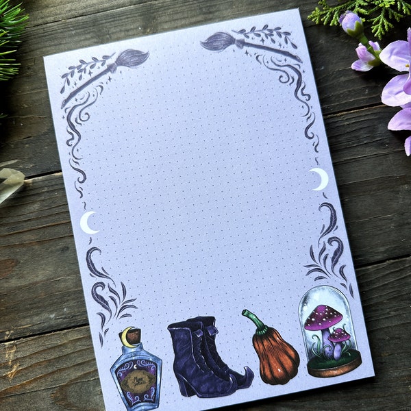 Note pad A5 -50 Sheets- Halloween pale lilac design with pumpkin and witch boots --> Pixie Cold Design