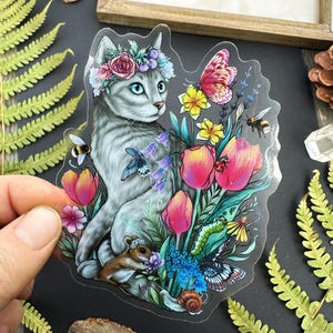 Bellissimo adesivo in vinile trasparente - gatto grigio e fiori - adesivo impermeabile