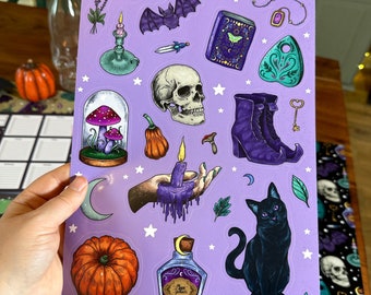 Big A4 witchy sticker sheet -waterproof- hand drawn illustrations by pixie cold