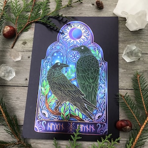 Hugin und Munin Raben- hand signed Art Print on metallic shimmering high quality paper -Witch Art
