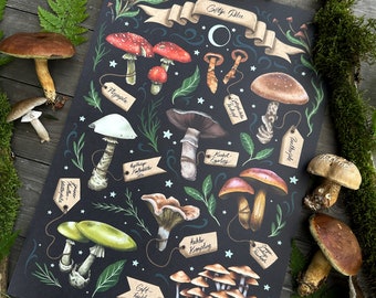 Signed and numbered limited edition print -poisonous mushrooms- black version- size A3- perfect for your witchy wall