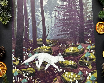 Signed print -Snow fox in a magical forest- size A3
