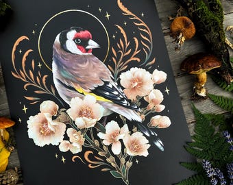 Goldfinch and flowers- hand signed Din A3 Art Print on textured high quality paper -Witch Art
