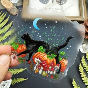 Bellissimo adesivo in vinile trasparente - gatto nero e zucca - adesivo impermeabile