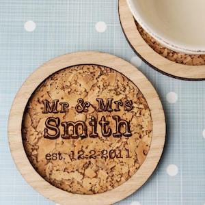 Personalized wood and cork coasters Rustic coasters Drink coasters Wedding and anniversary gift idea New design Set of 4