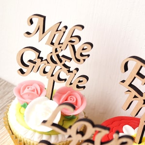 Wedding cupcake toppers, personalized cupcake toppers, wooden cupcake toppers, cupcake toppers, custom cupcake picks, set of 12 pc image 1