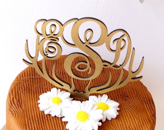 Deer antlers cake topper, rustic monogram cake topper, wedding cake topper, antlers monogram topper, personalized cake topper