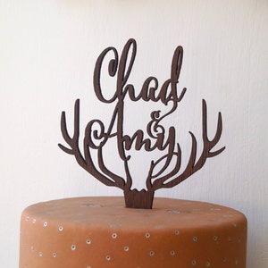 Antlers cake topper, personalized deer antler cake topper, wedding cake topper, rustic wooden antlers cake topper, custom cake topper