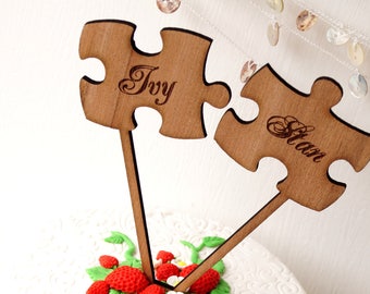 Puzzle cake toppers - puzzle pieces wedding cake toppers - rustic wooden cake topper - personalized cake topper - personalized cake toppers