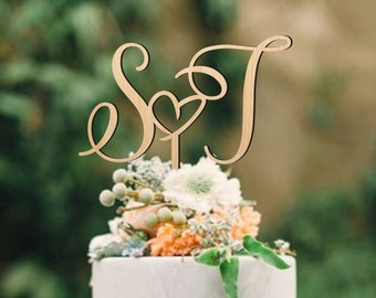 Topper de pastel para boda, topper de pastel personalizado, topper de pastel de letras iniciales, topper de pastel de corazón, topper de pastel de oro, plata o madera real