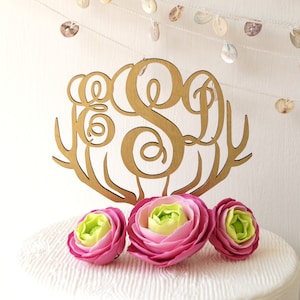 Monogram cake topper, wedding cake topper, deer antlers cake topper, gold cake topper, rustic cake topper, wooden cake topper