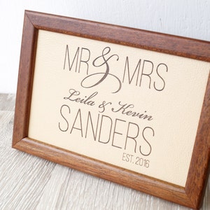 3rd anniversary gift, leather wedding sign, engraved leather anniversary family name sign, framed leather picture, custom engraving
