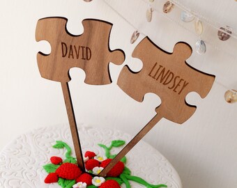 Puzzle Cake Topper, Two Puzzle Pieces Wedding Cake Toppers, Rustic Wooden Cake Topper, Personalized Cake Topper, Your Wood Choice