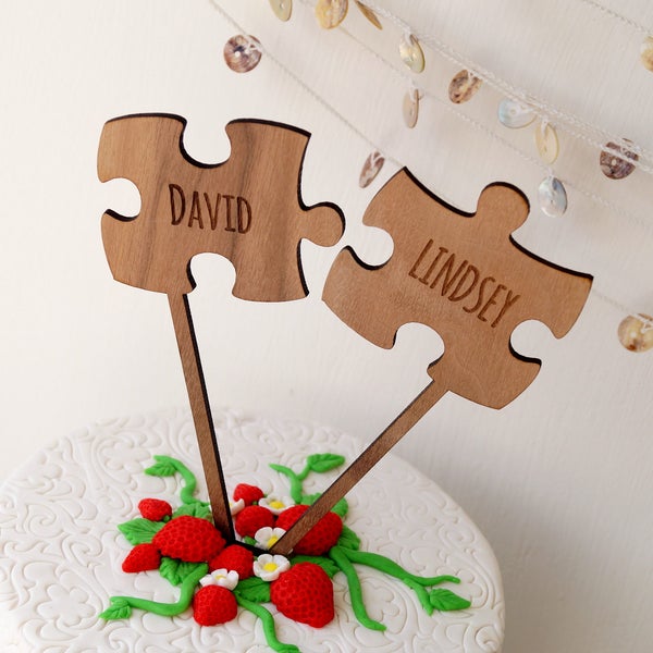 Puzzle Cake Topper, Two Puzzle Pieces Wedding Cake Toppers, Rustic Wooden Cake Topper, Personalized Cake Topper, Your Wood Choice