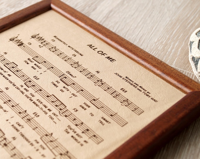 Leather engraved music sheet, personalized framed music notes, 3rd wedding anniversary gift, leather picture, custom engraving
