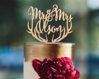 Mr and Mrs cake topper, deer antlers cake topper, wedding cake topper, rustic wooden cake topper, gold cake topper, personalized topper