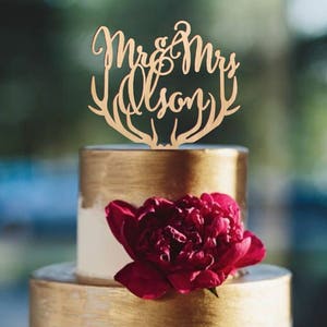 Mr and Mrs cake topper, deer antlers cake topper, wedding cake topper, rustic wooden cake topper, gold cake topper, personalized topper