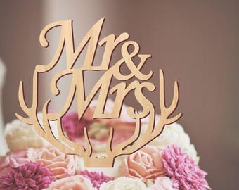 Mr and Mrs cake topper, cake topper for wedding, rustic cake topper, wooden cake topper, deer antlers topper, antlers cake topper