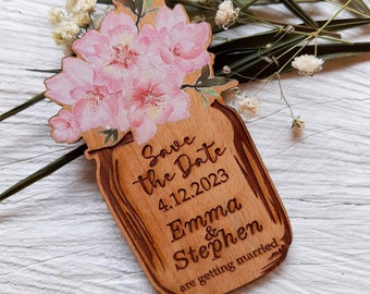 Mason jar save the dates, floral mason jar save the date magnets, rustic wooden magnets, personalized flower mason jars, save the dates