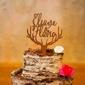 Cake topper, wedding cake topper, deer antlers cake topper, rustic cake topper, woodland wedding, antlers topper, personalized, deer topper