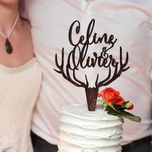 Wedding cake topper, personalized antlers cake topper, rustic wedding cake topper, wooden deer antlers cake topper, custom cake topper